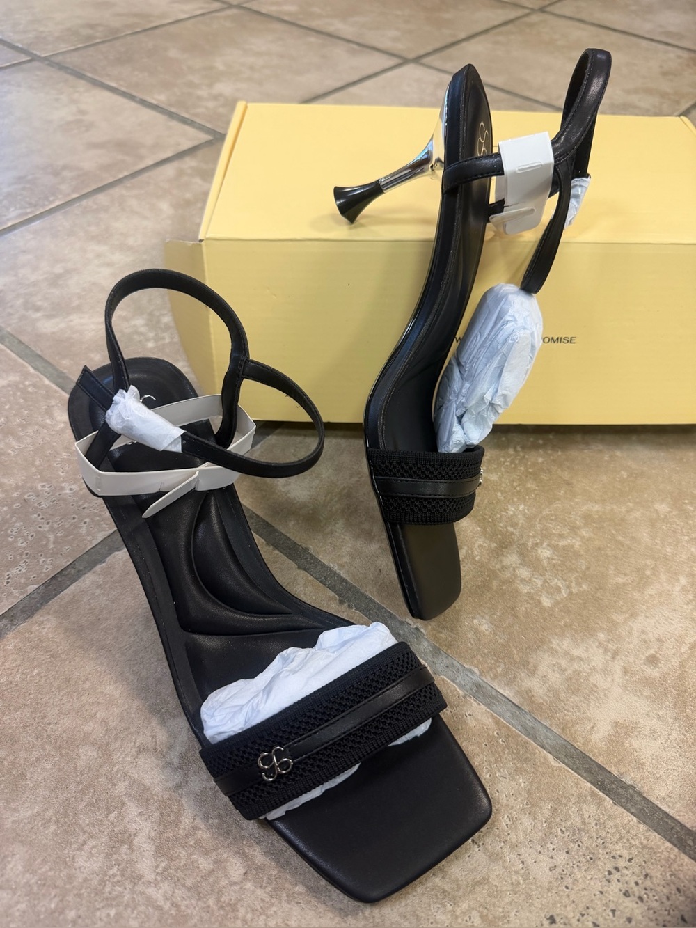 Cosy Island Black Square Toe Strappy Sandal Sculptural Silver Heel NIB 8.5